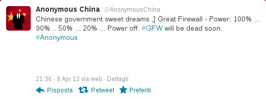 Il Tweet di Anonymous sull'imminente attacco al Grande Firewall